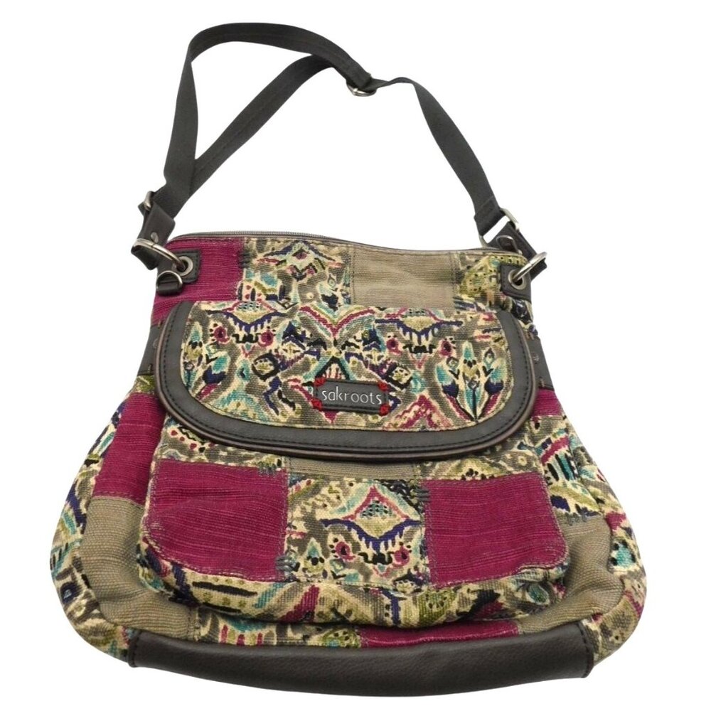 Sakroots Artist Circle Flap Crossbody Bag Patchwork Gray Purple Purse Grannycore